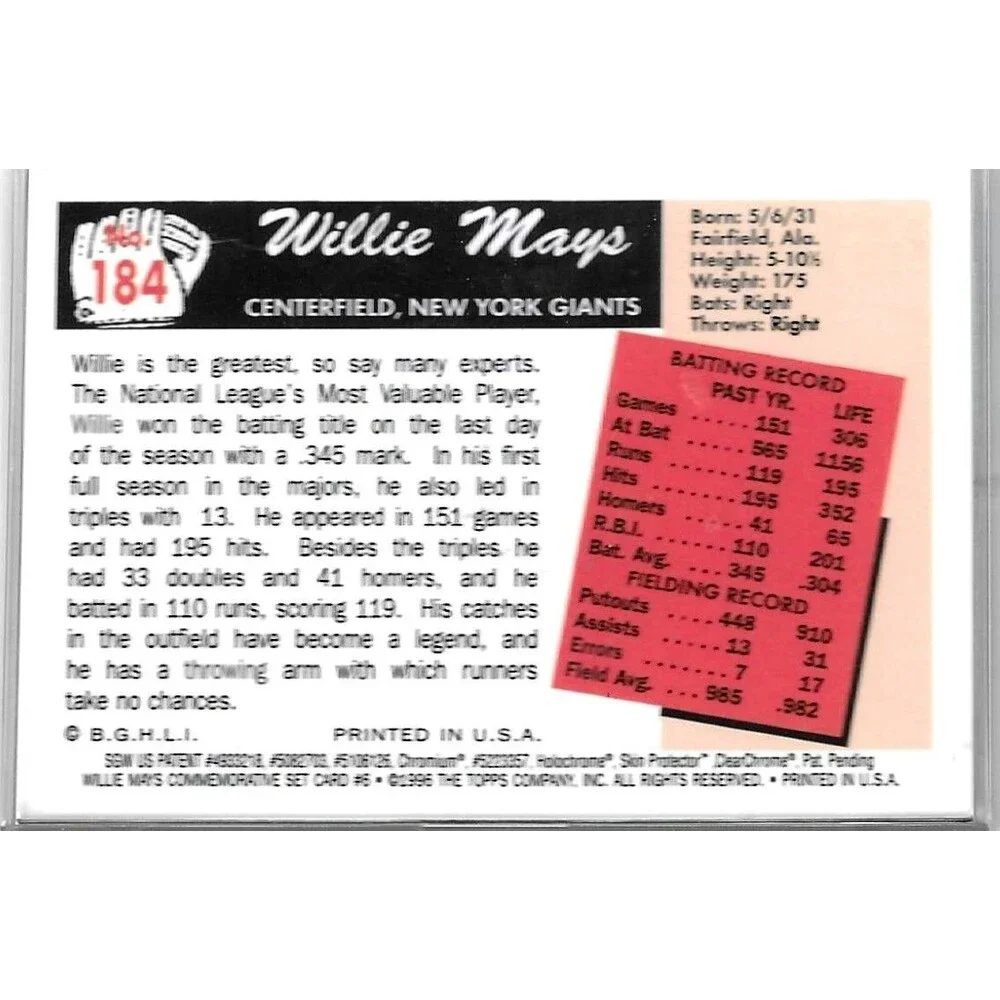 Willie Mays 1997 Topps Finest 1955 Bowman Reprint Refractor #184 Giants